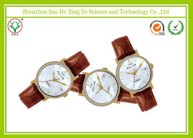 Χαλαζίας Movt Wristwatch Ιαπωνία ατόμων ζελατίνας πολυτέλειας διαμαντιών με το καφετί λουρί