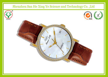Χαλαζίας Movt Wristwatch Ιαπωνία ατόμων ζελατίνας πολυτέλειας διαμαντιών με το καφετί λουρί