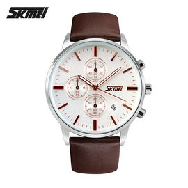 Καφετιά μεγάλη ασημένια περίπτωση Wristwatch ανοξείδωτου δέρματος για το αρσενικό